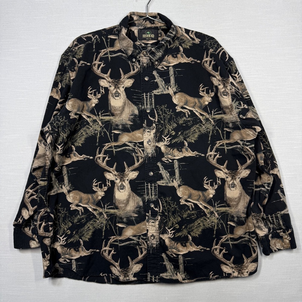 Vintage Redhead Deer Buck Camo Button Down Shirt Men XL Black Cotton Canvas‎ AOP